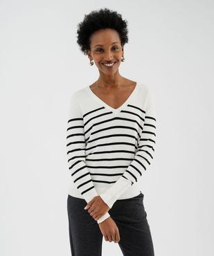 Pull col V en maille fine et douce rayée femme vue1 - GEMO 4G FEMME - GEMO