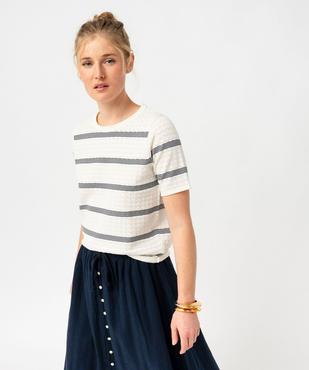 Pull à manches courtes en maille fantaisie et rayures femme - LuluCastagnette vue1 - LULUCASTAGNETTE - GEMO