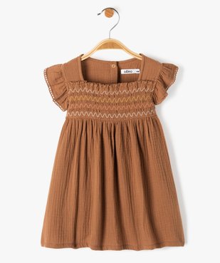 Robe bébé fille en double gaze avec smocks et volants vue1 - GEMO(BEBE DEBT) - GEMO