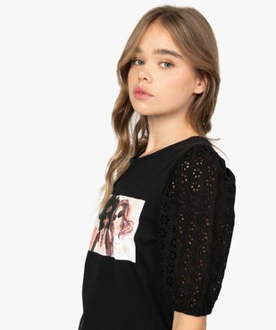 Tee-shirt femme à manches froncées brodées vue2 - GEMO(FEMME PAP) - GEMO