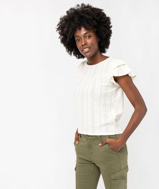 Tee-shirt manches courtes en maille ajourée avec volants femme vue1 - GEMO(FEMME PAP) - GEMO