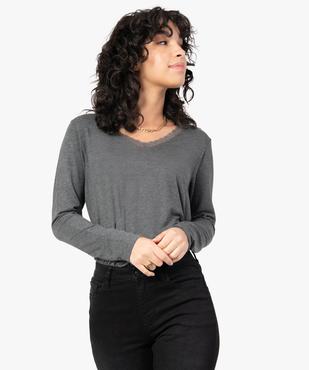 Tee-shirt femme à manches longues et col V en dentelle vue2 - GEMO 4G FEMME - GEMO