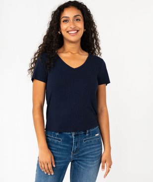 Tee-shirt manches courtes et col V en maille côtelée femme - LuluCastagnette vue2 - GEMO(FEMME PAP) - GEMO