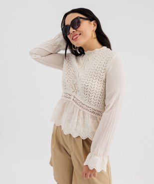 Pull ajouré avec manches chemise femme vue1 - GEMO(FEMME PAP) - GEMO