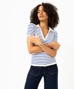 Pull rayé à manches courtes et col V femme vue2 - GEMO(FEMME PAP) - GEMO