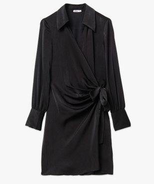 Robe portefeuille courte à manches longues en satin femme vue4 - GEMO(FEMME PAP) - GEMO