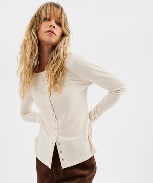 Tee-shirt manches longues en maille ajourée et boutonnière nacrée femme vue1 - GEMO(FEMME PAP) - GEMO