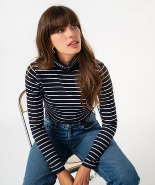 Tee-shirt manches longues à col roulé en maille côtelée rayée femme vue1 - GEMO 4G FEMME - GEMO