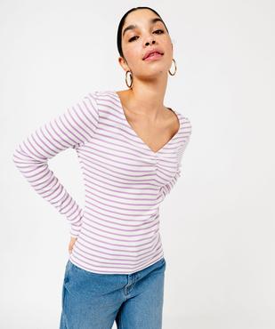 Tee-shirt rayé à manches longues et col V femme vue2 - GEMO 4G FEMME - GEMO
