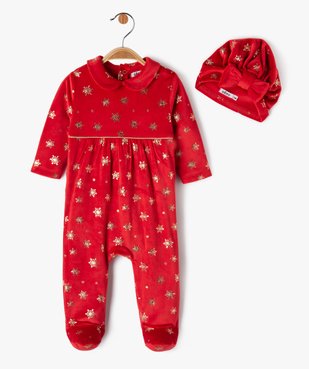 Pyjama velours spécial Noël avec bonnet bébé fille vue1 - GEMO(BEBE DEBT) - GEMO