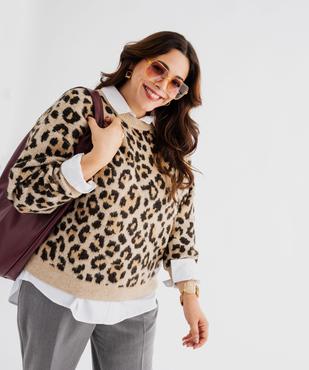 Pull en maille à motif léopard femme grande taille vue1 - GEMO (G TAILLE) - GEMO