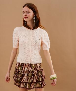 Gilet manches courtes en maille ajourée et dentelle femme vue2 - GEMO(FEMME PAP) - GEMO