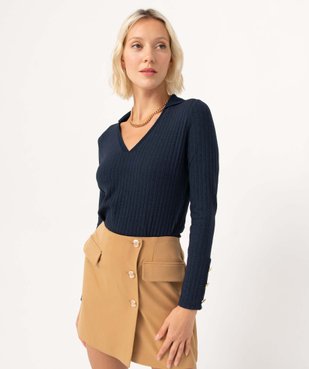 Tee-shirt femme en maille côtelée avec col V vue1 - GEMO(FEMME PAP) - GEMO