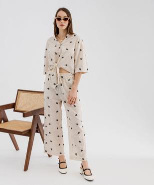 Pantalon large en coton brodée à taille élastiquée vue1 - GEMO(FEMME PAP) - GEMO
