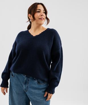Pull col V en maille douillette avec finitions dentelle femme grande taille vue1 - GEMO 4G GT - GEMO