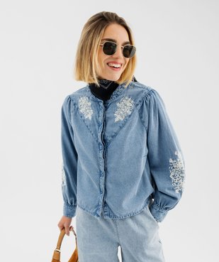 Chemise en jean manches longues coupe large à broderies femme vue1 - GEMO 4G FEMME - GEMO