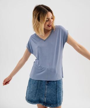 Tee-shirt à manches courtes et col V en dentelle coupe loose femme vue1 - GEMO 4G FEMME - GEMO
