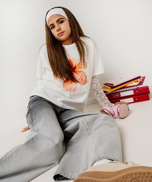 Tee-shirt manches courtes coupe oversize avec motif fleur fille vue1 - GEMO 4G FILLE - GEMO