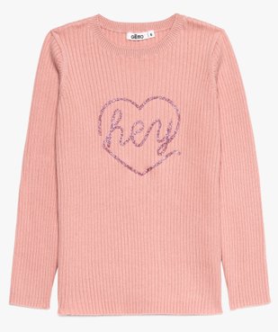 Pull fille en maille côtelée à col rond et inscription pailletée vue1 - GEMO (ENFANT) - GEMO