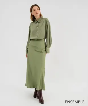 Ensemble chemise et jupe en satin kaki pour femme - GEMO