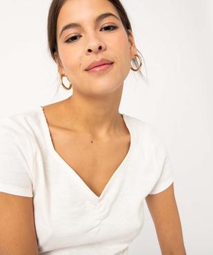 Tee-shirt femme en maille côtelée avec col V froncé vue2 - GEMO(FEMME PAP) - GEMO