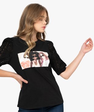 Tee-shirt femme à manches froncées brodées vue1 - GEMO(FEMME PAP) - GEMO