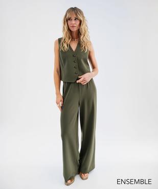 Ensemble gilet de costume et pantalon fluide kaki pour femme - GEMO