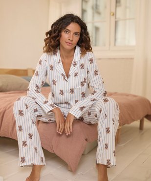 Pyjama à rayures et motifs oursons femme - LuluCastagnette vue1 - LULUCASTAGNETTE - GEMO