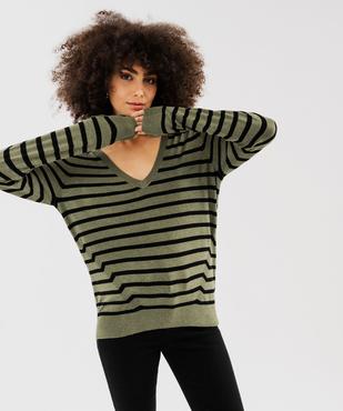 Pull rayé à col V avec boutons aux poignets femme vue1 - GEMO 4G FEMME - GEMO