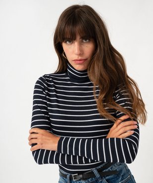 Tee-shirt manches longues à col roulé en maille côtelée rayée femme vue5 - GEMO 4G FEMME - GEMO
