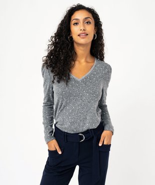 Tee-shirt femme à manches longues avec col V et motif scintillants vue1 - GEMO(FEMME PAP) - GEMO