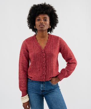 Gilet col V en maille fantaisie avec finitions dentelées femme vue2 - GEMO 4G FEMME - GEMO