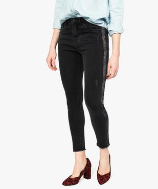 Jeans femme skinny finition frangée à bandes imprimées python vue1 - FOLLOW ME - GEMO
