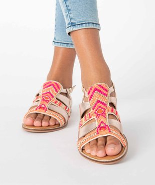 Sandales femme à talon plat intérieur cuir et dessus perlé vue1 - GEMO (CASUAL) - GEMO