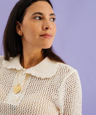 Pull manches courtes en maille ajourée à col Claudine boutonné femme vue2 - GEMO 4G FEMME - GEMO