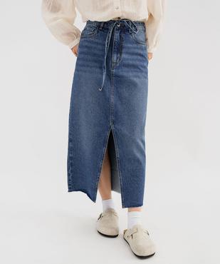 Jupe en jean longue et fendue avec ceinture à nouer femme vue2 - GEMO 4G FEMME - GEMO