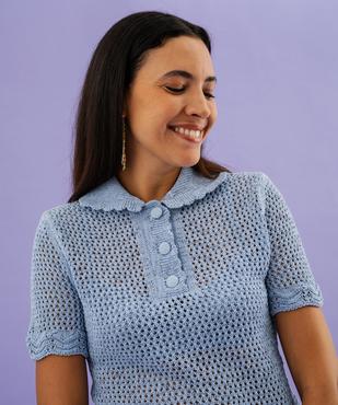 Pull manches courtes en maille ajourée à col Claudine boutonné femme vue2 - GEMO 4G FEMME - GEMO