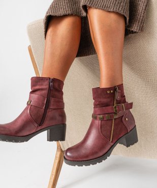 Boots femme zippées à talon carré et semelle crantée col plissé vue1 - EMILIA ROSA - GEMO