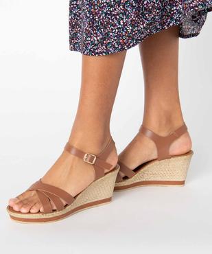 Sandales femme à talon compensé et brides unies en cuir vue1 - GEMO(URBAIN) - GEMO