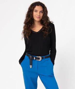 Tee-shirt femme à manches longues et col V en dentelle vue1 - GEMO 4G FEMME - GEMO