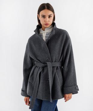 Manteau droit en laine à col montant et ceinture à nouer femme vue4 - GEMO(FEMME PAP) - GEMO