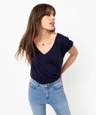 Tee-shirt femme à manches courtes froncées et col V vue1 - GEMO(FEMME PAP) - GEMO