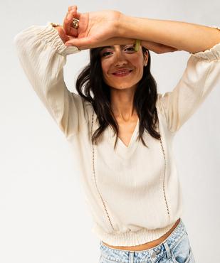 Tee-shirt manches 3/4 en maille gaufrée avec col V femme vue2 - GEMO(FEMME PAP) - GEMO