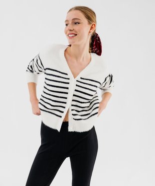 Gilet rayé avec col V en maille duveteuse femme vue1 - GEMO(FEMME PAP) - GEMO