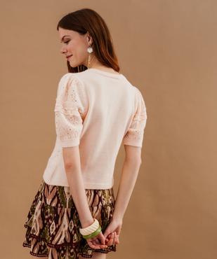 Gilet manches courtes en maille ajourée et dentelle femme vue3 - GEMO(FEMME PAP) - GEMO