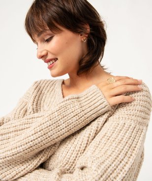 Pull à col V en maille ajourée à paillettes femme  vue2 - GEMO(FEMME PAP) - GEMO