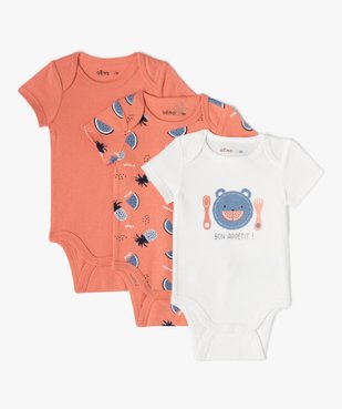 Body bébé manches courtes à col US motif fruits (lot de 3) vue1 - GEMO 4G BEBE - GEMO