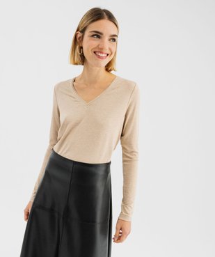 Tee-shirt à manches longues avec col V scintillant femme vue1 - GEMO 4G FEMME - GEMO