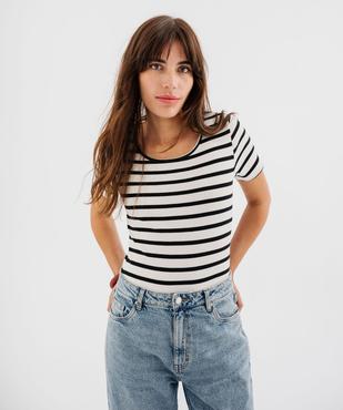 Body à manches courtes rayé en maille côtelée femme vue1 - GEMO 4G FEMME - GEMO