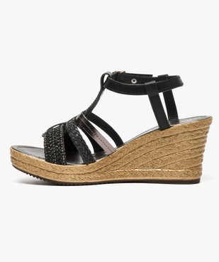Sandales en cuir bride en T à talon compensé vue3 - GEMO(URBAIN) - GEMO